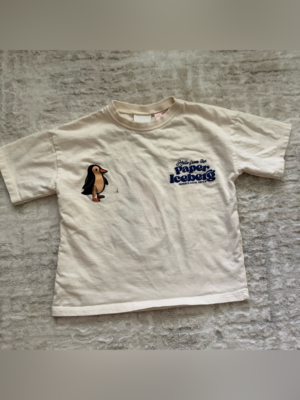 Zara Cream Short-Sleeve Tee with Penguin Graphic and Navy Logo